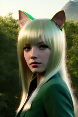 Clear focus,High resolution,High quality, Blonde long hair, green eyes, cat ears, Realistic