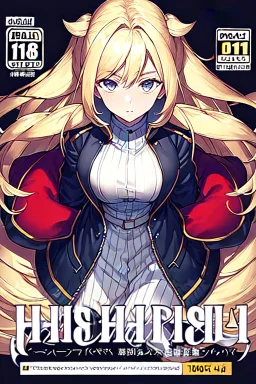 blonde girl with hair with two tails waring jacket, line arts, manga cover