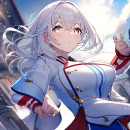 Clear focus, High resolution, medium length hair, white cyan hair, cyan eyes, wearing a american uniform, Sighing, wearing a medium skirt,