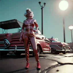 Ultra Realistic retro sci-fi, explosion Supermarket parking scene, 1960 year, blonde mastery woman, sweet scarlet Johansson face, perfect iris, glow eyes, face makeup, tight latex coat; many panic people, Retro sci-fi style, soft color, highly detailed, unreal engine 5, ray tracing, RTX, lumen lighting, ultra detail, volumetric lighting, 3d, finely drawn, high definition, high resolution.