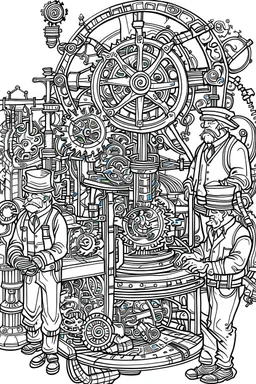 A coloring page of Santa and his elves in steampunk-inspired attire working on futuristic toy-making machinery surrounded by gears, cogs, and steam., a bold ink line sketch drawing illustration.