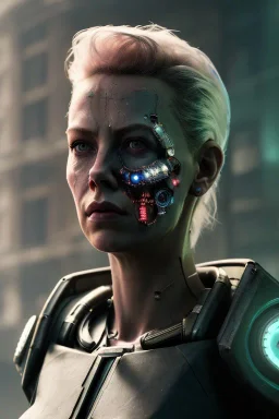 A portrait post-apocalypse cyborg CHARLIZE THYRON in a cyberpunk city, sci-fi fantasy style, 8k, volumetric lighting, particales,highly detailed,cinematic, deep scars on face,deep colours.