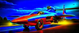 A national geographic award winning photograph of a military fighter jet station wagon wasp hybrid designed by volkswagen only one vehicle per image painted metallic orange traveling at a high rate of speed, jet intake off of front center of vehicle and jet exhaust out the rear with bright blue flame