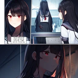 Clear Focus, High resolution, Black long hair, Red eyes, Wearing a sailor uniform, High quality comic, epic battle scene, dark