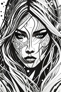 create an abstract expressionist illustration of a deeply spiritual, ethereal, darkly magical, epic nomadic tundra huntress with highly detailed and deeply cut facial features, ,searing lines and forceful strokes, precisely drawn, inked, and darkly colored