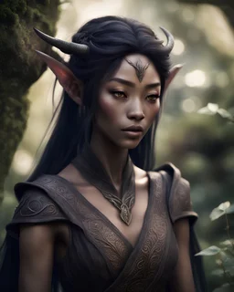 Druidic, majestic, japanese and mongolian facial features, brown skin, tiny nose, dark elf, drow, elf, black hair, druide, dirty brown dress, mystic, soft light, nature, shabby, natural, garden, magical, fantasy