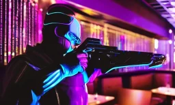 cyberpunk man, restaurant with purple lights, full of people, pointing a gun