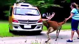 lady upset after hitting deer with her budget moving van car