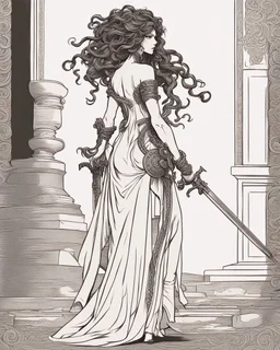 full-length, detailed persona, sword in hand, gorgon medusa, from the back, half turn