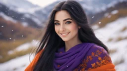 Hyper Realistic Close-up-face-view of a Beautiful Young Happy Pashto Girl with beautiful-eyes & long-black-hair smiling & wearing purple-&-orange-embroidery-dress-with-black-shawl whirling with breeze, tall-grass along with a thick-tree on mountain top & snowfall-day showing dramatic & cinematic ambiance