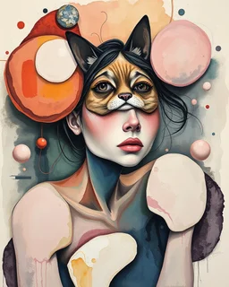 Abstract biomorphic mixed-media painting of woman with Siamese ca, caught in a dynamic off-balance pose inside [SCENERY]. Build the figures from irregular floating shape-cells, softly warped anatomy, oversized curious eyes, rounded mask-like faces, playful distorted proportions, and interlocking organic fragments that feel hand-cut and reassembled. Use pastels with translucent alcohol-ink blooms, watery pigment stains, dry watercolor edges, milky gradients, saturat
