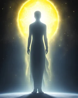 A glowing silhouette of a human figure. The figure is gender-neutral and is white and surrounded by a radiant white/yellow aura. The entire scene should have a soft, mystical glow and a dreamlike quality.