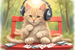 a contented long-haired cute beige kitten with big headphones on its head sits on a red bench in the woods, musical notes emanating dynamically from the headphones, mice sitting in front of the bench playing cards in the sunshine