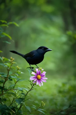 Bird, black background, single flower, forest, deep depth of field,. vivid, light and shadow.