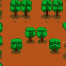 escena de un juego en pixel art desde angulo alto de un camino de tierra rodeado por arboles de copa redonda todos del mismo tamaño