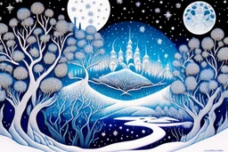 graphic drawing winter fantastical landscape, moon, round tree crowns, ice flowers, cold colors, a flat image with careful drawing and tracing of every detail, black background, cosmic bright color, folk art, Epic cinematic brilliant stunning intricate meticulously detailed dramatic atmospheric maximalist digital matte painting, perfect composition, masterpiece