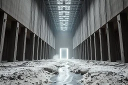 Photograph, a mass of wires, giant museum space, building, pillars, high walls, schermi di computer, high towers in a room, rag, powder, brook, sediments, deflagration of the background, geological formation, light, architecture, minimalist, details of the terrain very accentuated, 8k, deep 3d field, sharp, brutalist, hasselblad h6d400c --ar 85:128 --v 6.0