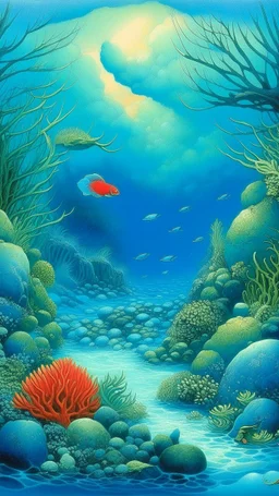 A blue reef with coral and fish designed in Hawaiian tikis painted by Birge Harrison