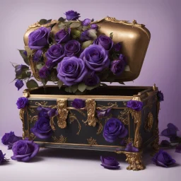 A black and gold decorated chest half opened and filled with purple blue roses in front of it a burning candle in delicate purple all on a light background