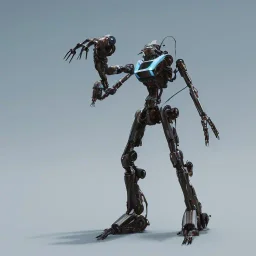 Mecha with metal spider legs his hands are machine guns.