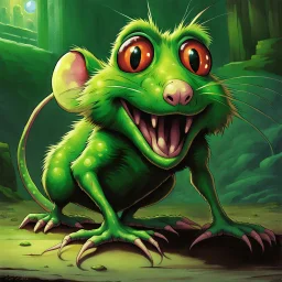 fantasy 90's tcg art of a mutant green rat creature that's cute