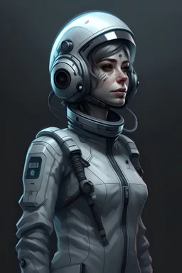 A DIGITAL ART portrait of a sci-fi pilot woman. She is 30 years old. She has a pilot helmet. She is reckless. She has got dreams. Her eyes are beautiful and bright. Grey. whole body standing