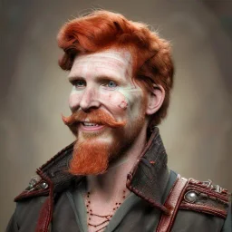 Portrait of Courtney Gains as a ruggedly handsome but joyful roguish pirate, charismatic, attractive male, masculine, perfect, precisely detailed, lightly freckled face, meticulously detailed multi-hued ginger carrot colored cherry fire red hair; Malachai of the corn; fantasy, intricate, elegant, highly detailed, digital painting, artstation, concept art, matte, sharp focus, illustration, art by artgerm and greg rutkowski and alphonse mucha