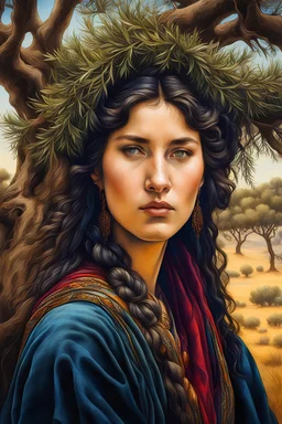 create a classical-abstract-realist fantasy portrait aquatint of a young nomadic tribal shepherdess with highly defined facial features, amidst ancient Andalusian olive trees, in the style of Donato Giancola, Hans Memling, Titian, and Caravaggio, 8k, highly detailed, otherworldly , fantastic, vibrant 4k colors