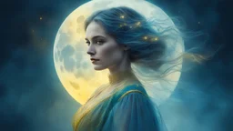 Victorian era, portrait of a beautiful woman 30 years old, beautiful airy dress, double exposure, fantasy, mystic, night, fog, blue, yellow, loose hair, moon, water, sparkles, fine drawing, clear lines, bright colors, high resolution, 3D , clear lines, photorealism,