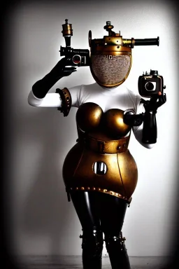 Steam-punk style random-mask. Large fencing mask covers cheeks. Trim girls. Reflective white plastic skin. Camera lenses as eyes. Head full of integrated old-fashioned cameras. Golden to cyan surfaces body, latex. Perfect body, thick thighs and calves. Asa Akira. SElfie with old-fashioned cameras in both hands. Wide hip, skirt bleats nicely. Camera at mons veneris. Partly symmetrical. Black wide leather belt with camera. Euclidean 3D-tiling walls. surrealistic. surveillance walls