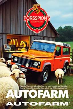 john players club 1980s cigarette advertisement sexy print Porsche autofarm magazine advertisement, vivid colours from the 80s, mcdonalds ad from the 80s, mac computer ad from the 80s, featuring a landrover being fixed at a farm. sheep are all over the place, company name in bold (AUTOFARM), nike print ad style, mac computer ad from the 80s, 1980s rc print advertisement