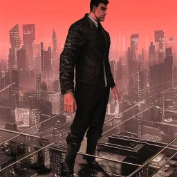 tall brooding man, dystopian city, sin city style