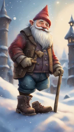 postcard portrait of bard post man gnome with old boots, sledge hammer and chissel in the snow garden holding a tower fortification, magazine cover illustration with oil paint and spray paint, signed, bokeh like, down-light, unreal engine, prize winning