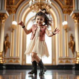 a 2 years old girl in modern clothing and makeup dancing with cute and joy with pertty boots in a modern royal hall
