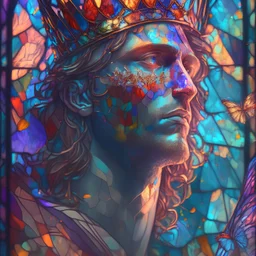 a (stained glass:1.8) portrait of an ((King solomon 1.1)), crown,light particles, godrays, beautiful, flora, overgrown, detailed scales, digital painting, masterpiece, vibrant, multicolored, cinematic lighting, 8k, digital painting, trending on artstation, butterflies, reflection, centered, bloom