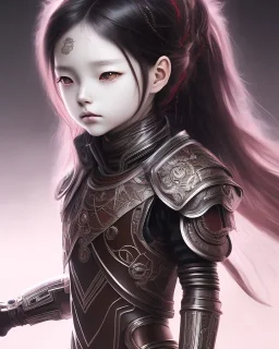 Detailed anime child girl, dark brown hair, black and red dragon scale armour, intricate details, full body portrait, keep head in frame, slight smile, black Japanese motif, concept art, highly detailed, digital painting, concept art, sharp focus, illustration, art by Yoji Shinkawa, WLOP and greg rutkowski and alphonse mucha and artgerm and yanjun Chen and Junji ito and Makoto Shinkai, HDR, octane render