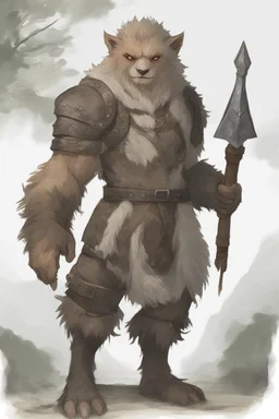 Dnd a young bugbear with white fur and leather armor