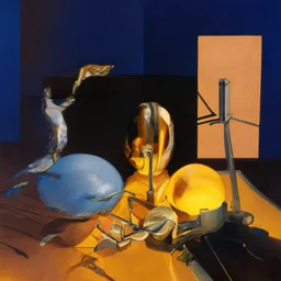 Abstract painting formed by a mix of human flesh-like surgical instruments and universe-like neuralink, a cat looking at a pigeon inside a huge bulb between light and shadow at dusk,surrealism,minimalism,Painting By Adrian Ghenie, Rene Magritte, Salvador Dali, Lucian Freud