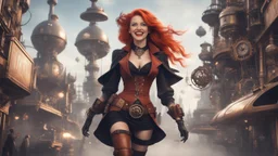 A photorealistic image of a red-haired, slender, witchy woman, winking and smiling, in a steampunk outfit and stiletto boots, walking through a futuristic city with flying machines.