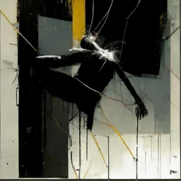 Minimal abstract oil painting of a falling person limbs sinew. Amongst concrete fragments brutalist architecture and hanging wires illuminated at night. In the style of Justin Mortimer and Phil Hale and Ashley Wood