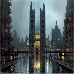 Square with fountain , Gotham city,Neogothic architecture, by Jeremy mann, point perspective,intricate detailed, strong lines, John atkinson Grimshaw,pipes, chimneys