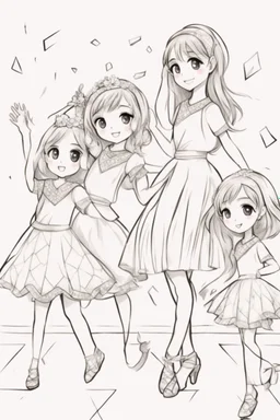 Little girls dancing in diamond-patterned dresses at a festive celebration. Use diamonds for their dresses, party decorations, and the dance floor.,very happy , Colloring page for todlliers ; basic hawali style cartoon , black and white , ink outlines , , smooth , anime style , minimalist , cute eyes , full body , white shose , sketchbook , realistic sketch , free lines , on paper , character sheet , clean line art high detailed