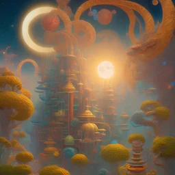 Night and day at the same time. Sun and moon. Epic structure. by Dr Seuss: Japanese Art: James Jean: Erin Hanson: Dan Mumford: professional photography, natural lighting, volumetric lighting maximalist photoillustration 8k resolution concept art intricately detailed, complex, elegant, expansive, fantastical