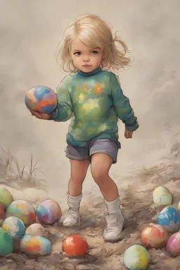 full color - a tiny little blonde girl in shorts and a turtleneck sweater coloring Easter eggs - Science Fantasy art by Aaron Blaise