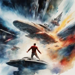 double exposure of Star Trek's Khan (Ricardo Montalbán) attacking the Starship Enterprise screaming during an attack on the ship, Digital watercolor illustration, beautiful colorful highly detailed movie still, by Waterhouse and Carne Griffiths, Stylized movie poster art, Intricate, Complex contrast, Volumetric lighting,