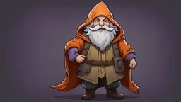 A gnome with a slightly gray skin color, draw him with a medium sized beard and a long mustache, both the beard and mustache should be lavender in color, he should be wearing a slightly faded orange overcoat , an olive green hooded cape and a hunter's boot. As a background, use a slightly dark cave background . Dungeons and Dragons style, role-playing game, World of Warcraft, Lord of the Rings, Gandalf.