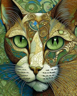 Detailed Surreal Portrait of Oriental blue and white tabby cat, with a triangular slender white face, large ears and green eyes by Gustav Klimt muted colors.