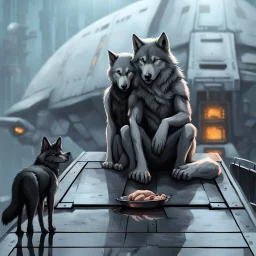 digital art front in picture an of little dark dog like creature stands and looking an anthropomorphic wolf couple sitting on the spaceship's ramp close together, the pale gray female wolf sits behind stong male wolf and puts one paw on the dark gray wolfman's shoulder, raini day, on ramp a little piece of meat lies down, high contrast, high detalied, high realistic, in background detail of a spaceship is visible. Rain, The atmosphere is a seamless blend of sci-fi and dark fantasy mood, digita