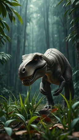 A dinosaur eating grass from the ground in a dramatic scene in a dense forest with A FIR BRUNCH under the rain. The background should feature raindrops falling around the leaves.