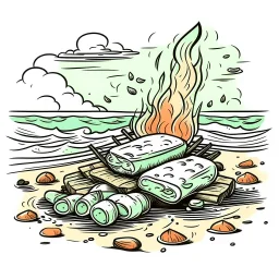 A beach bonfire with marshmallows roasting, cozy, festive, warm firelight, design graphic, vector, contour, white background GREE